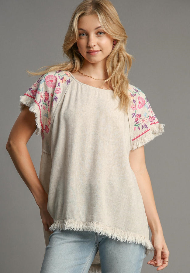 Umgee Solid Color Linen Blend Top with Embroidery Sleeves in Oatmeal Shirts & Tops Umgee   