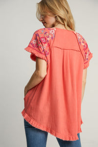 Umgee Solid Color Linen Blend Top with Embroidery Sleeves in Coral Pink