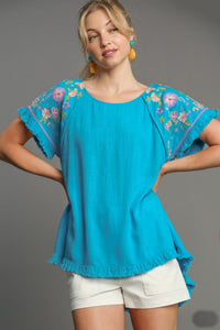 Umgee Solid Color Linen Blend Top with Embroidery Sleeves in Aqua Shirts & Tops Umgee   