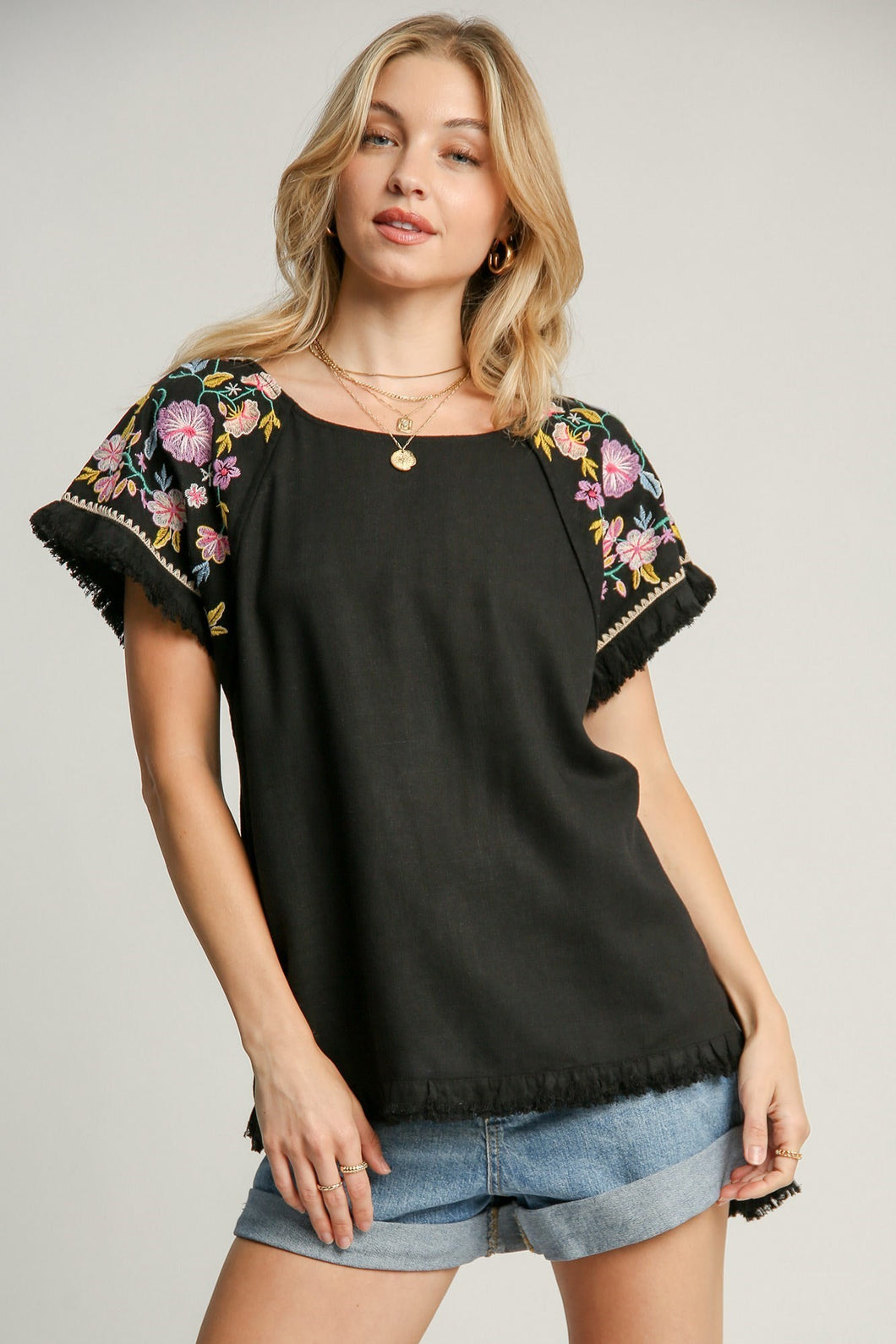 Umgee Solid Color Linen Blend Top with Embroidery Sleeves in Black