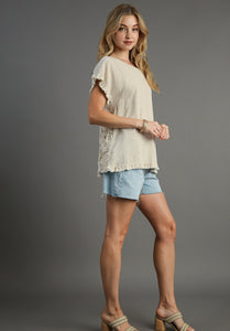 Umgee Solid Color Top with Laced Back in Oatmeal Shirts & Tops Umgee   