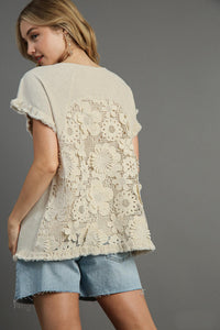 Umgee Solid Color Top with Laced Back in Oatmeal Shirts & Tops Umgee   