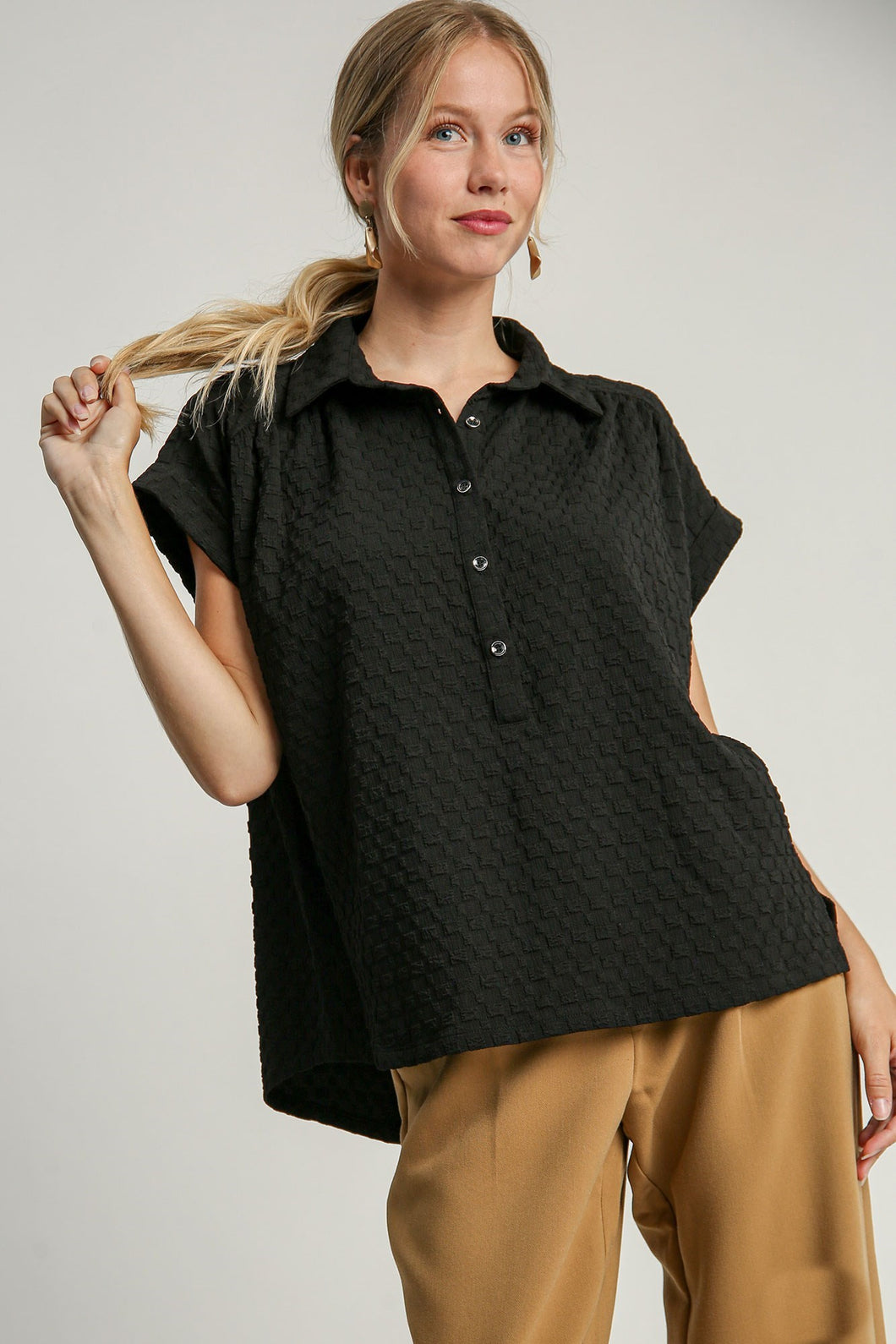 Umgee Boxy Cut Half Button Down Textured Top in Black