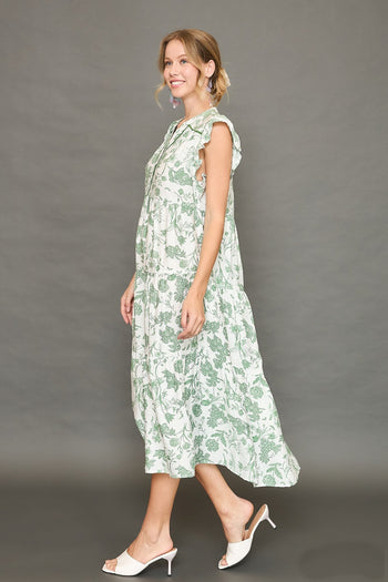 Umgee Soft Color Floral Print Tiered Midi Dress in Sea Green