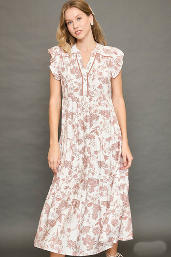 Umgee Soft Color Floral Print Tiered Midi Dress in Rose Clay