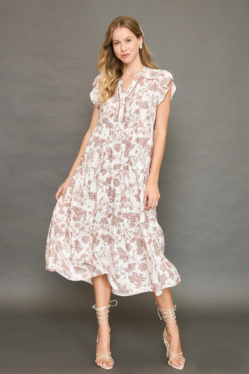 Umgee Soft Color Floral Print Tiered Midi Dress in Rose Clay