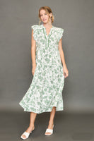 Umgee Soft Color Floral Print Tiered Midi Dress in Sea Green