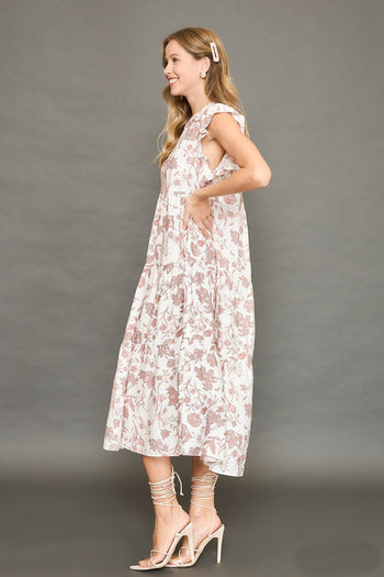 Umgee Soft Color Floral Print Tiered Midi Dress in Rose Clay