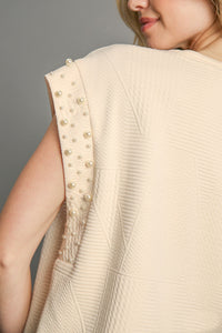 Umgee Boxy Cut Textured Top with Pearl Details in Cream