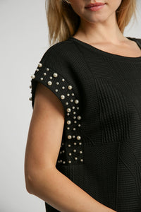 Umgee Boxy Cut Textured Top with Pearl Details in Black