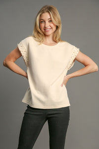 Umgee Boxy Cut Textured Top with Pearl Details in Cream