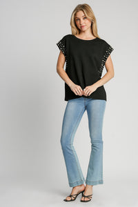 Umgee Boxy Cut Textured Top with Pearl Details in Black