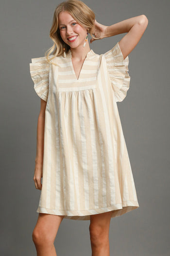 Umgee Striped V Neck Dress in Taupe