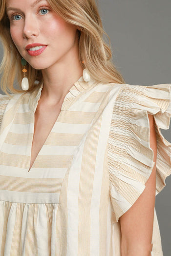 Umgee Striped V Neck Dress in Taupe