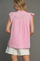 Umgee Checkered Seersucker Top with Embroidery Details in Pink FINAL SALE