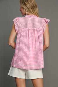 Umgee Checkered Seersucker Top with Embroidery Details in Pink