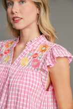 Load image into Gallery viewer, Umgee Checkered Seersucker Top with Embroidery Details in Pink
