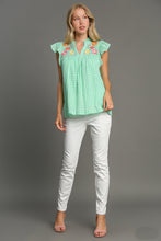 Load image into Gallery viewer, Umgee Checkered Seersucker Top with Embroidery Details in Green
