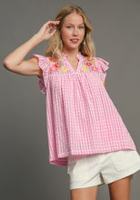 Load image into Gallery viewer, Umgee Checkered Seersucker Top with Embroidery Details in Pink
