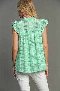 Umgee Checkered Seersucker Top with Embroidery Details in Green