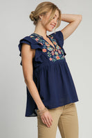 Umgee Baby Doll Top with Floral Embroidery in Navy FINAL SALE