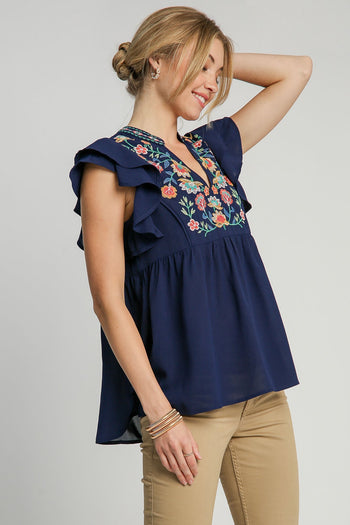 Umgee Baby Doll Top with Floral Embroidery in Navy FINAL SALE