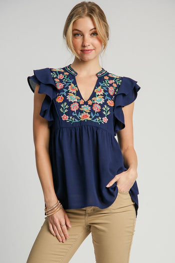 Umgee Baby Doll Top with Floral Embroidery in Navy FINAL SALE