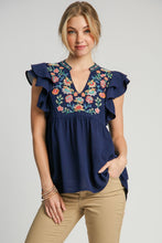 Load image into Gallery viewer, Umgee Baby Doll Top with Floral Embroidery in Navy
