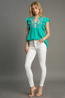 Umgee Baby Doll Top with Floral Embroidery in Jade Green FINAL SALE