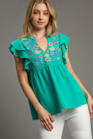 Umgee Baby Doll Top with Floral Embroidery in Jade Green FINAL SALE