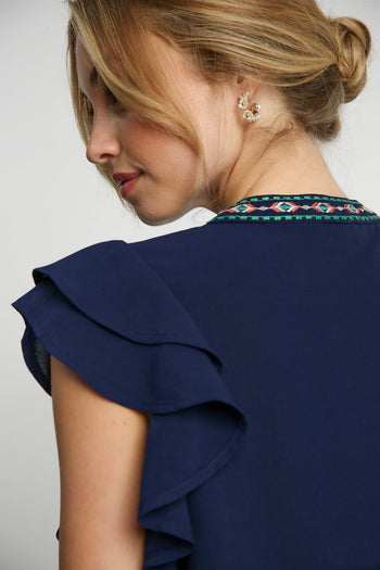 Umgee Baby Doll Top with Floral Embroidery in Navy FINAL SALE