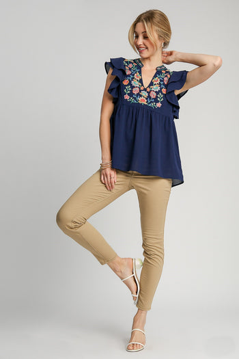 Umgee Baby Doll Top with Floral Embroidery in Navy FINAL SALE