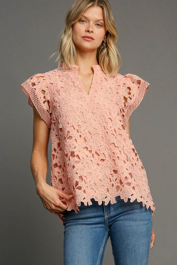 Umgee Solid Color Lace Top in Blush FINAL SALE