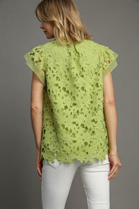 Umgee Solid Color Lace Top in Avocado