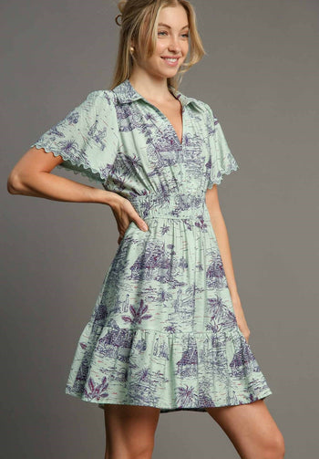 Umgee Landscape Print Mini Dress in Sage Mint XL