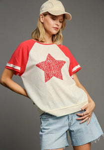 Umgee Color Block Top with Star Patch in Coral Fuchsia