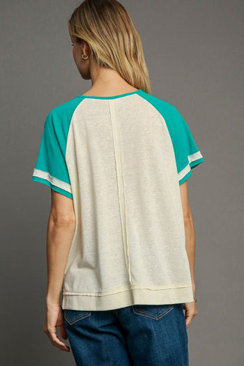 Umgee Color Block Top with Star Patch in Jade FINAL SALE