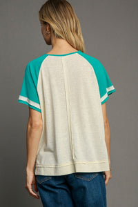 Umgee Color Block Top with Star Patch in Jade