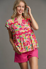 Load image into Gallery viewer, Umgee Abstract Print Baby Doll Top with Ric Rac Trim in Rose Pink
