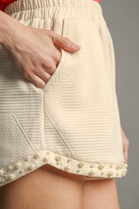 Umgee Textured Shorts with Pearl Details in Cream