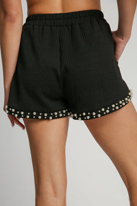 Umgee Textured Shorts with Pearl Details in Black