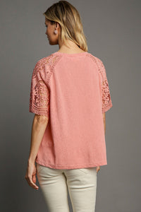 Umgee Slub Knit Top with Lace Sleeves in Blush