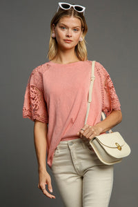 Umgee Slub Knit Top with Lace Sleeves in Blush