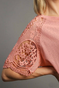 Umgee Slub Knit Top with Lace Sleeves in Blush