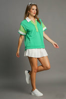 Umgee Mixed Solid & Stripe Contrasting Top in Green