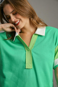 Umgee Mixed Solid & Stripe Contrasting Top in Green