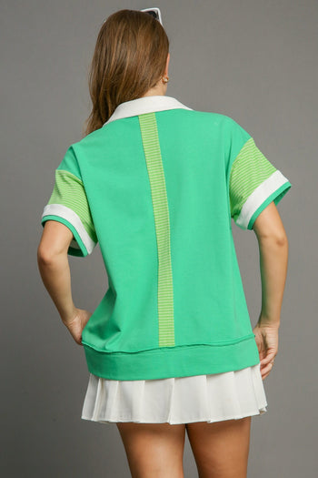 Umgee Mixed Solid & Stripe Contrasting Top in Green