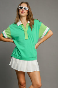 Umgee Mixed Solid & Stripe Contrasting Top in Green