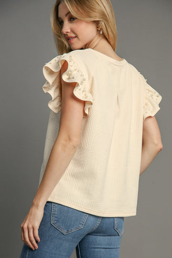 Umgee Boxy Cut Top with Pearl Details in Cream FINAL SALE