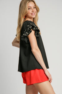 Umgee Boxy Cut Top with Pearl Details in Black